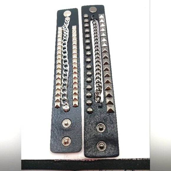 Goth Black Stud and Chain vegan Leather Bracelet Unisex -Black- Lot of 2 New - Picture 1 of 11